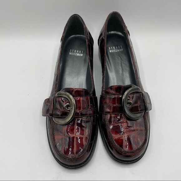 Stuart Weitzman Red Metallic Patent Leather Croc Embossed Buckle Loafers - Picture 1 of 6